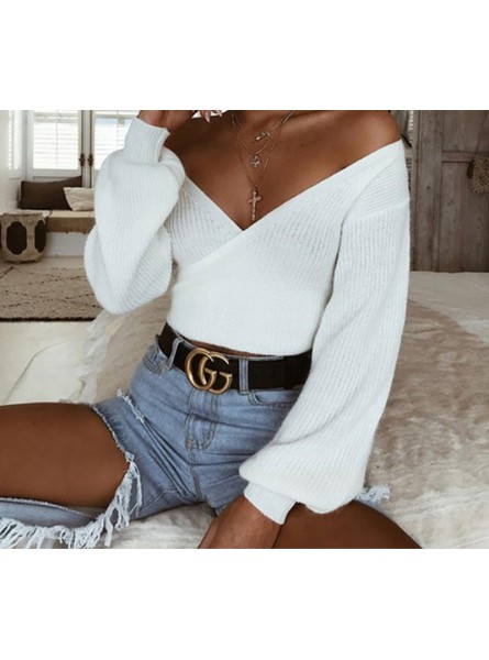 Off Shoulder V Neck White Sweaters Women 2018 Autumn New Back Bow Lantern Sleeve Sexy Slim Crop Tops Solid Streetwear
