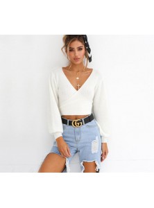 Off Shoulder V Neck White Sweaters Women 2018 Autumn New Back Bow Lantern Sleeve Sexy Slim Crop Tops Solid Streetwear
