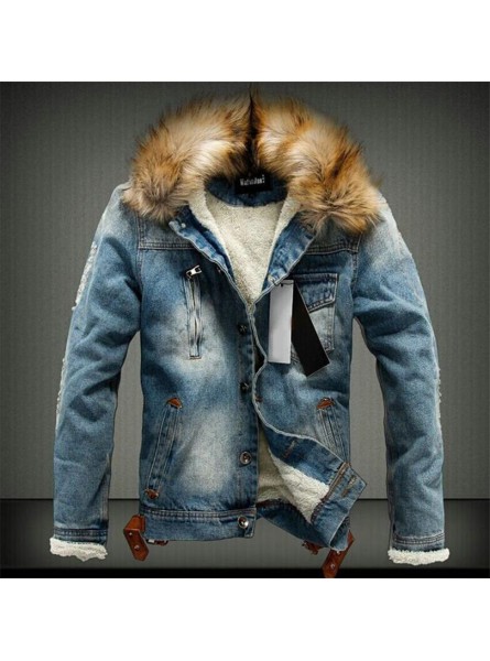 Mens Denim Jacket with Fur Collar Retro Ripped Fleece Jeans Jacket and Coat for Autumn Winter