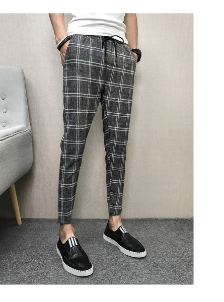 Korean Brand New Summer Plaid Men Pants Slim Fit Casual Drawstring Harem Pants All Match Streetwear Trousers Men Clothes