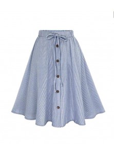 Womens Thin Denim Cotton Elastic Waist Skirts Casual Ankle Length Flared A-Line Pleated Long Skirts