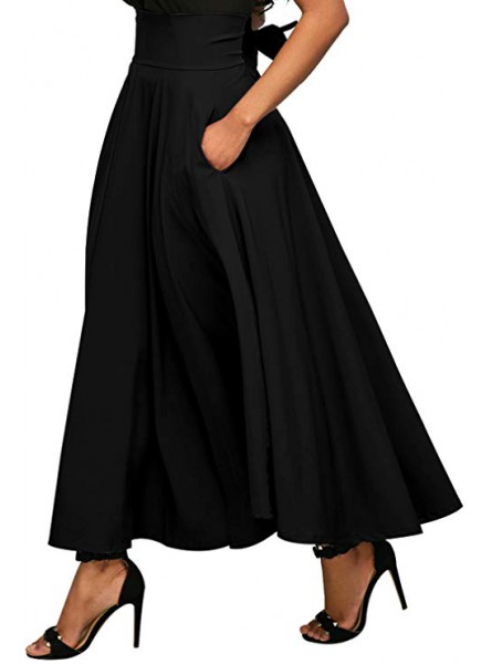 High Waist Pleated A Line Long Skirt Women Front Slit Belted Maxi Skirt