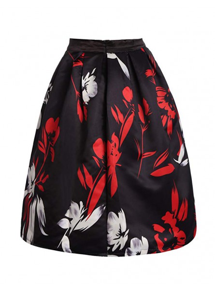 Women's Vintage Floral Print High Waist A-Line Pleated Midi Skirts