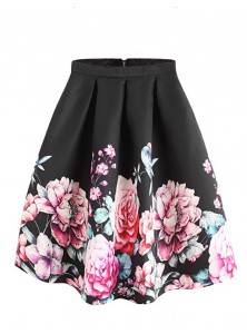 Women's Casual Floral Print Vintage Box A-Line Pleated Midi Skirt