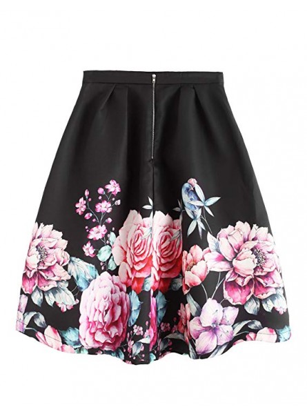 Women's Casual Floral Print Vintage Box A-Line Pleated Midi Skirt