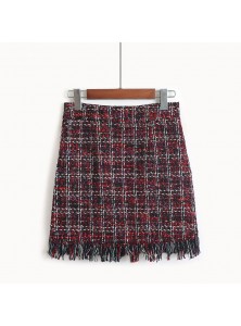 Women Woolen Mini Skirt Autumn Winter Vintage Straight Plaid Tassel Skater Skirt